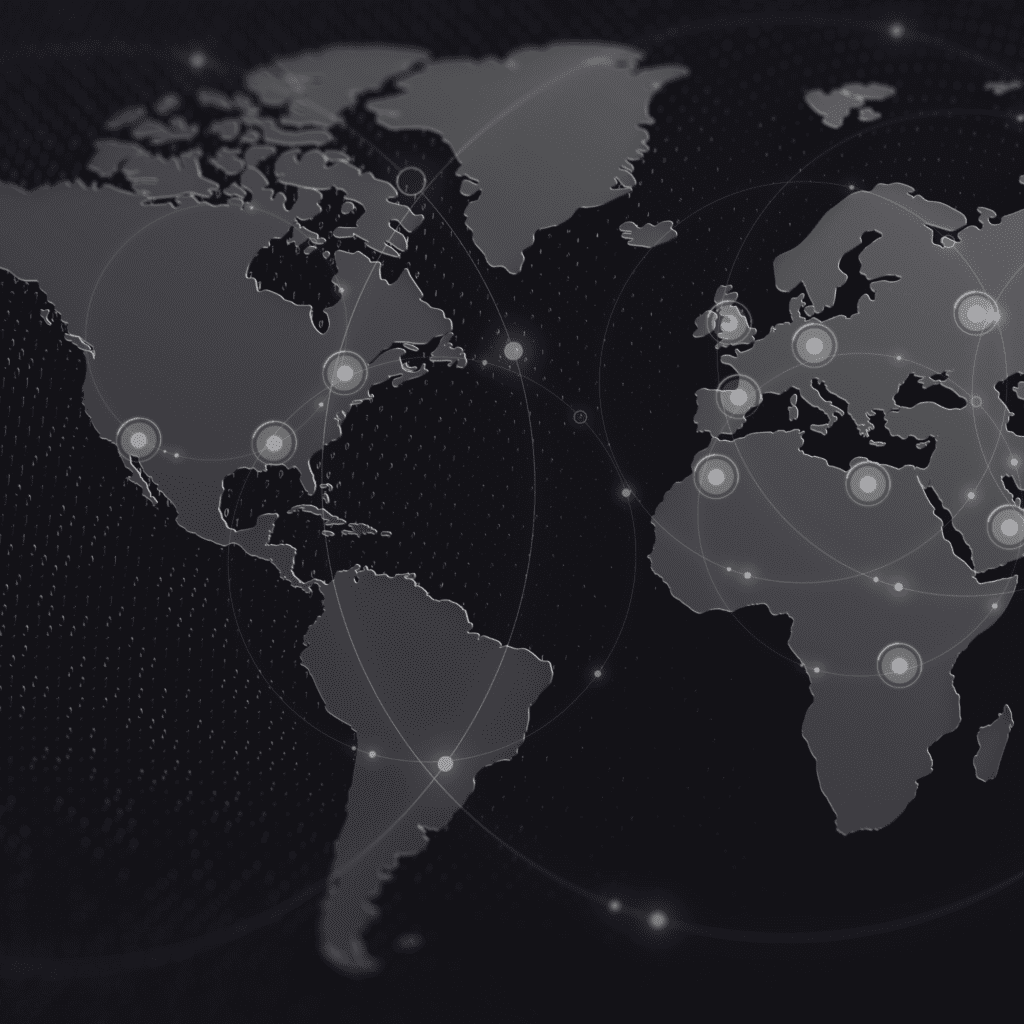 A black and white map of the world with lights