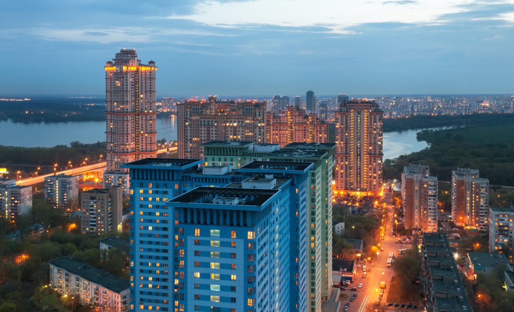 A view of the city from above at night.